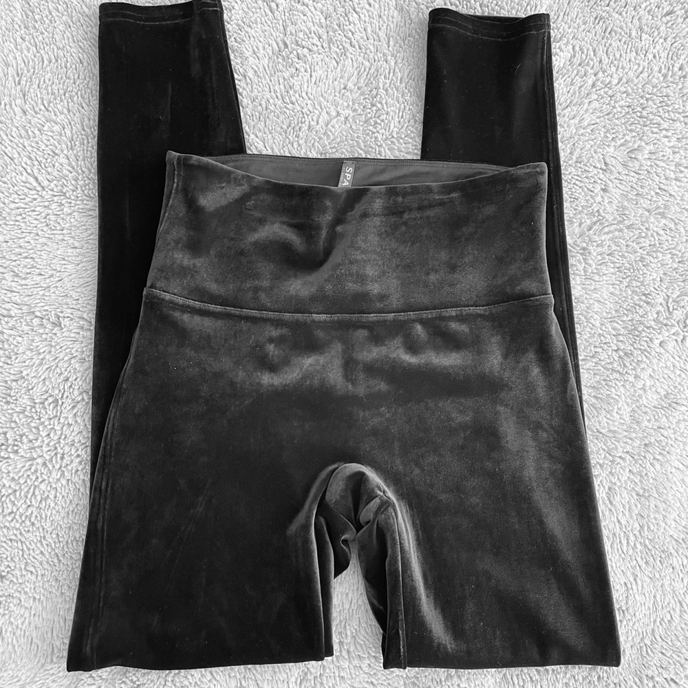 Spanx Faux Velvet Black Ankle Leggings